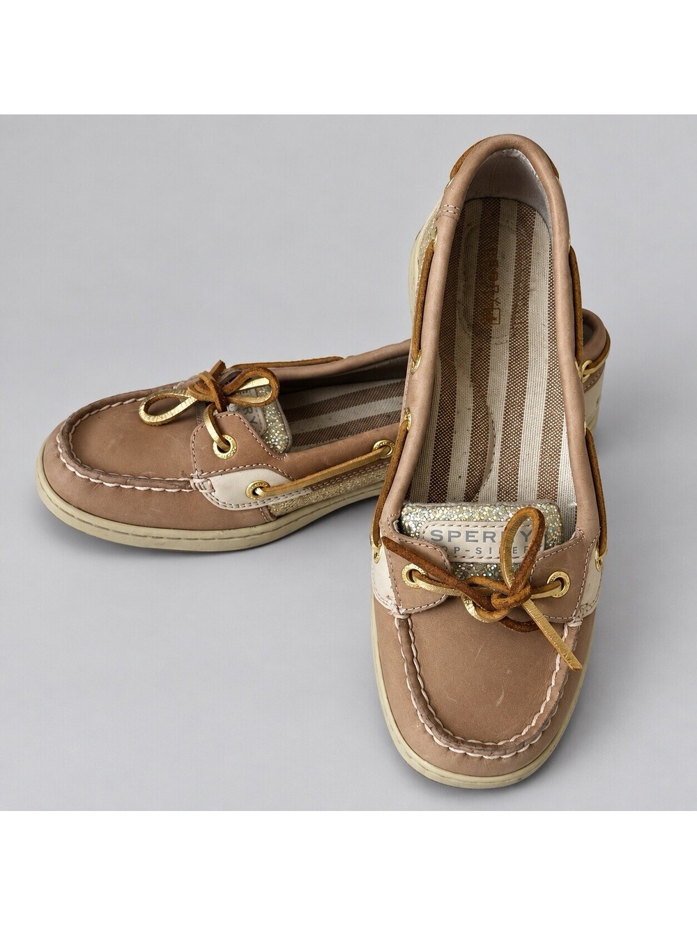 Tan Sperry Top Sider Leather Boat Shoes / Loafers Gold Sparkle 7.5 Glitter